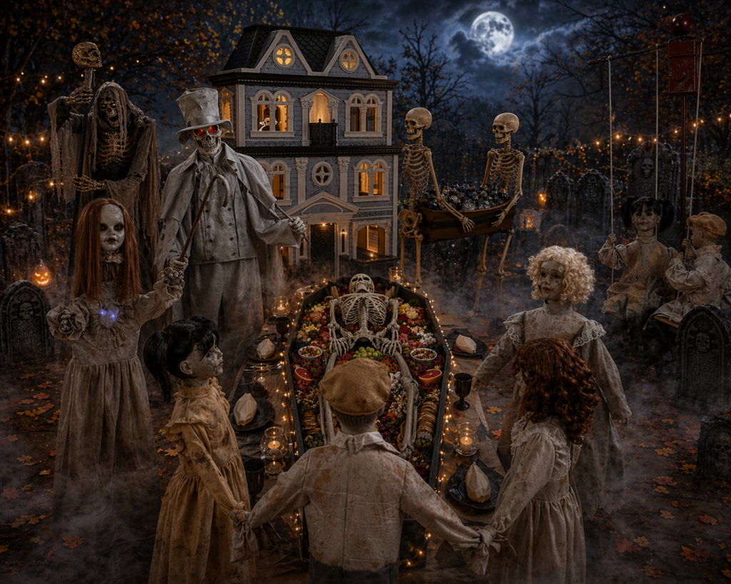 Luxury Halloween event setup with animatronic dolls, skeleton charcuterie coffin, haunted house and immersive spooky décor