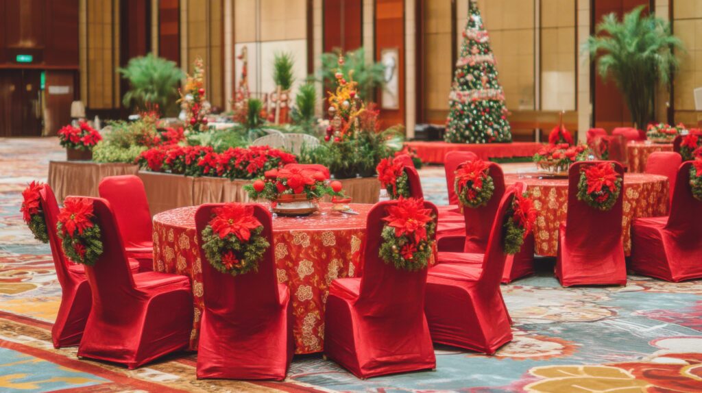 festive christmas banquet hall decoration with red tables poinsettias scaled