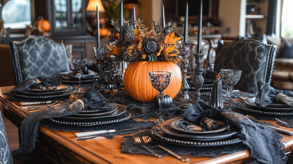 table is set halloween dinner with pumpkin centerpiece black scaled