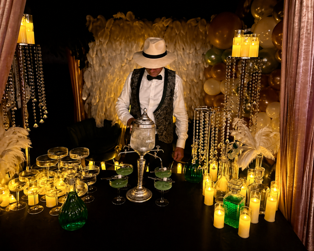 Period-dressed bartender operating an antique absinthe fountain at a 1920s themed event in Brisbane