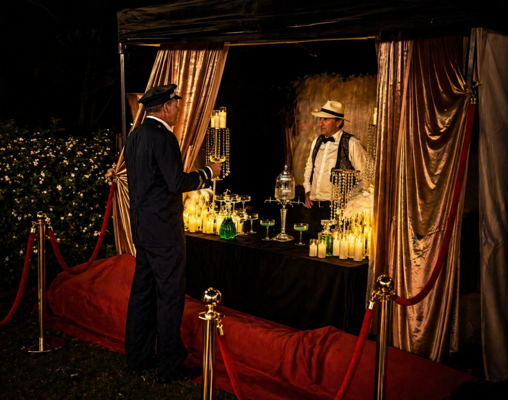 Period-dressed bartender operating an antique absinthe fountain at a 1920s themed event in Brisbane