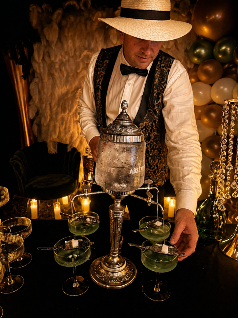 Period-dressed bartender operating an antique absinthe fountain at a 1920s themed event in Brisbane