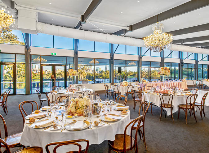 Victoria Park wedding venue Brisbane — chandeliers and city skyline views