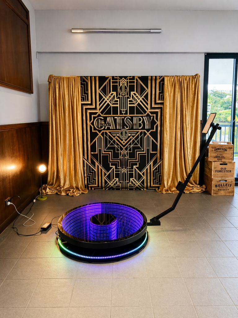 Gatsby-themed 360 video booth setup with Art Deco backdrop and gold draping.