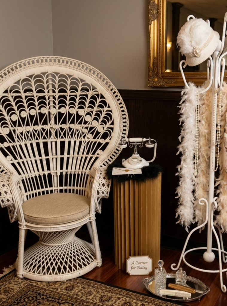 Gatsby-themed event entertainment featuring Art Deco styling, interactive photo experiences, vintage props, and Roaring Twenties-inspired décor.