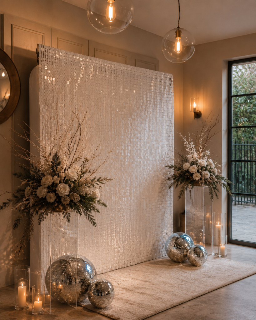 Elegant winter event setup with warm lighting, candles and sophisticated styling in Brisbane.